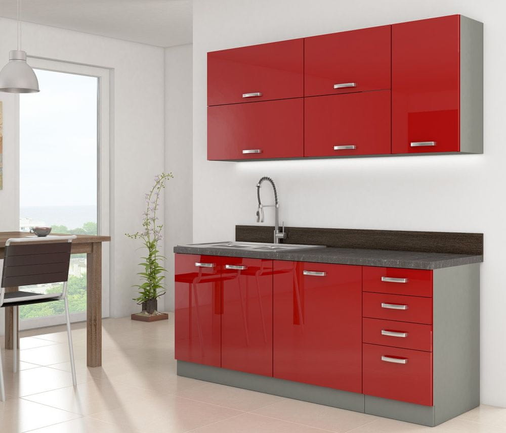 Veneti Kuchyňa do paneláku 180/180 cm RUOLAN 3 - šedá / lesklá červená + LED, drez a pracovná doska ZDARMA